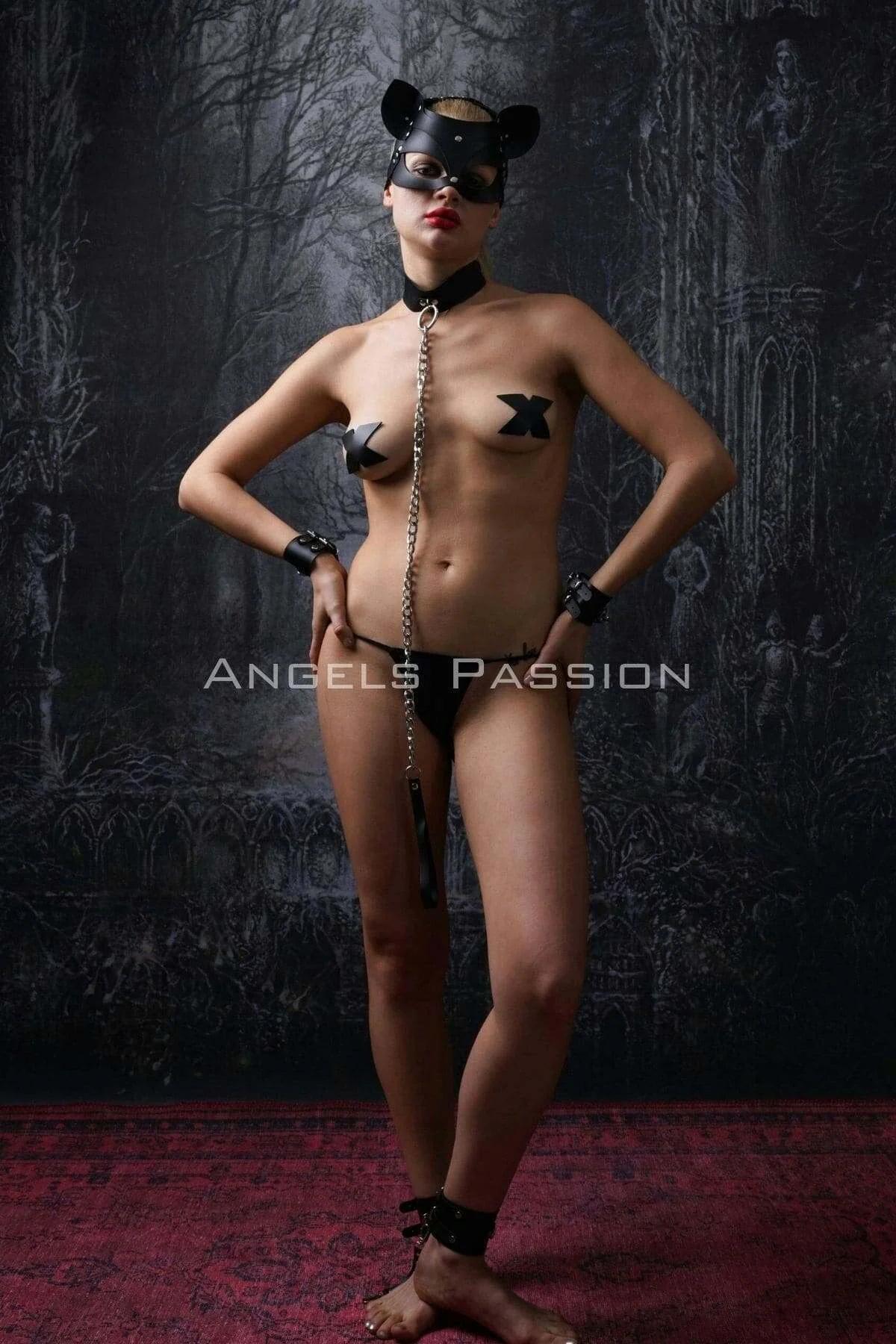 Kedi Maskeli El ve Ayak Kelepçeli - Tasmalı Fantazi Slave Set - APFT1341
