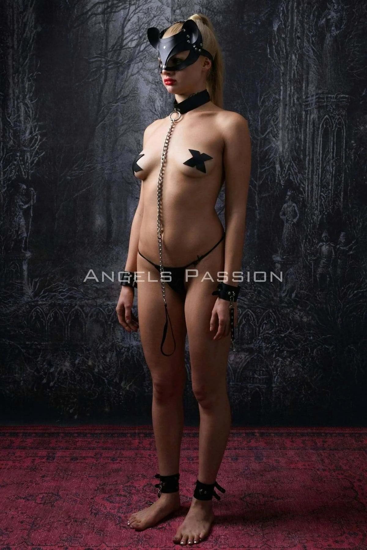 Kedi Maskeli El ve Ayak Kelepçeli - Tasmalı Fantazi Slave Set - APFT1341