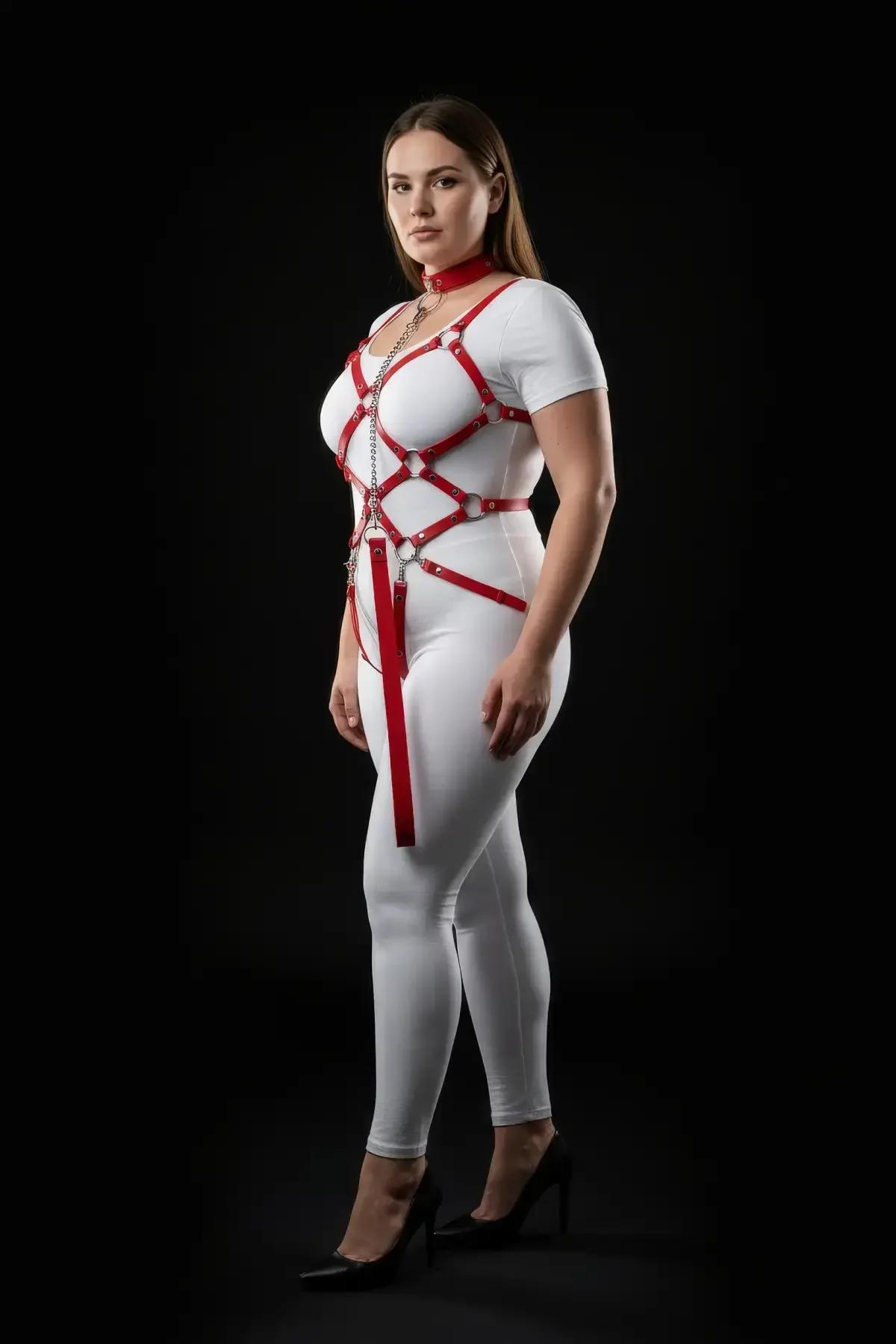 Gümüş D-halkalar ve zincir detaylı kırmızı suni deri vücut harness, beyaz bodysuit üzerinde tam gövde görünümü