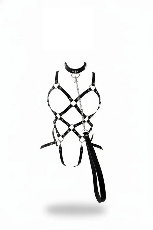 Siyah suni deri kafes vücut harness - gümüş O-halka, çıkarılabilir zincir, boyunluk ve tasma