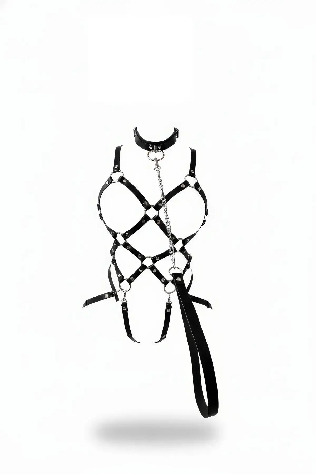 Siyah suni deri kafes vücut harness - gümüş O-halka, çıkarılabilir zincir, boyunluk ve tasma