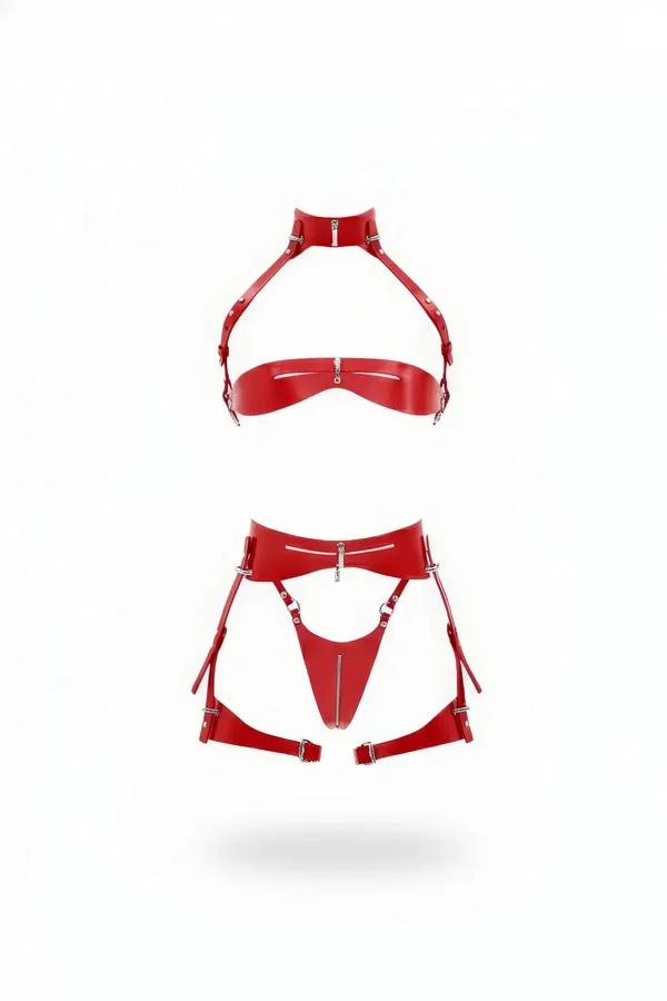 Kırmızı suni deri sütyen harness ve jartiyer tanga seti - gümüş fermuarlar ve ayarlanabilir toka