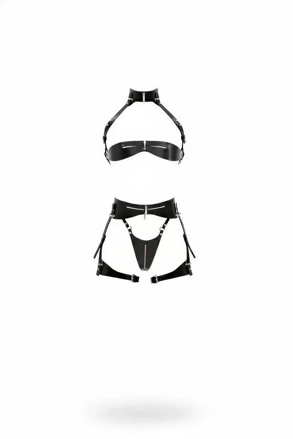 Siyah vegan deri askılı bralette ve jartiyer harness seti - fermuarlı kapanış ve gümüş aksesuar