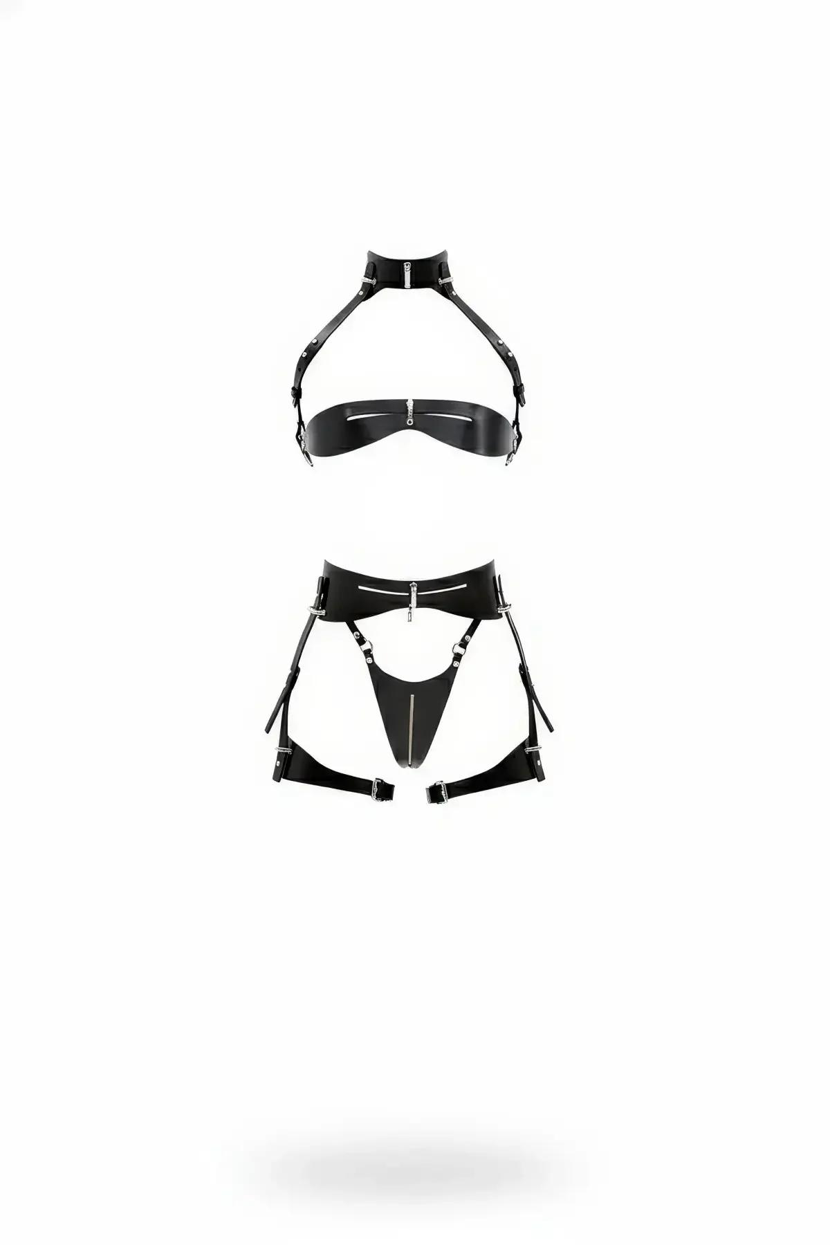Siyah vegan deri askılı bralette ve jartiyer harness seti - fermuarlı kapanış ve gümüş aksesuar