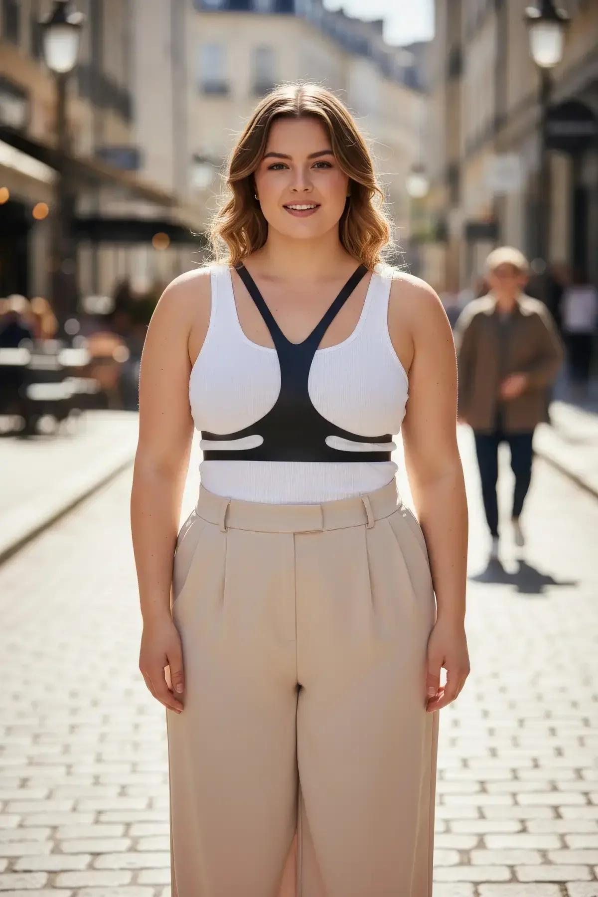 Beyaz tank üstü üzerinde düz kafes askılı siyah suni deri minimalist göğüs harness katmanı