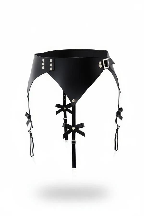 Siyah suni deri geniş bel jartiyer harness - dekoratif yay perçini ve gümüş toka