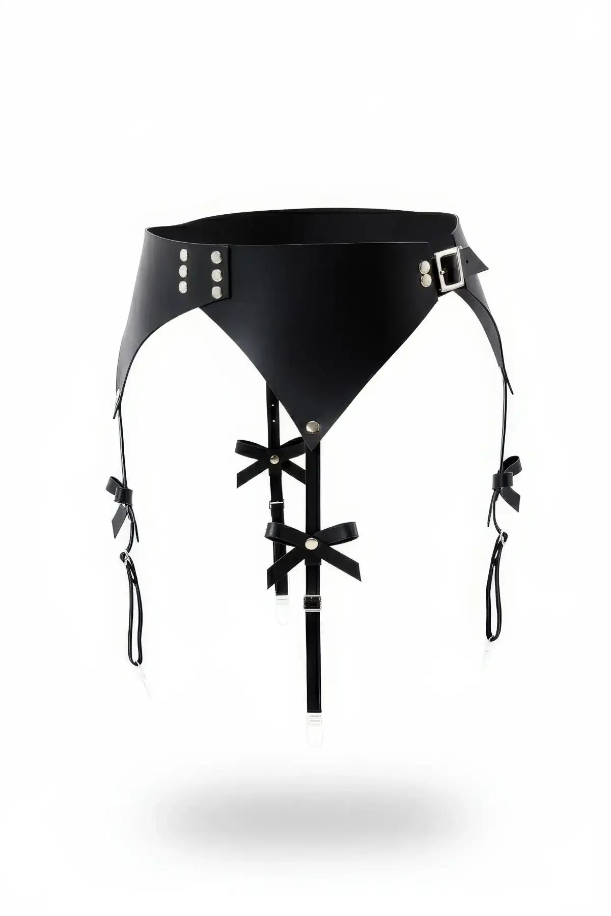 Siyah suni deri geniş bel jartiyer harness - dekoratif yay perçini ve gümüş toka