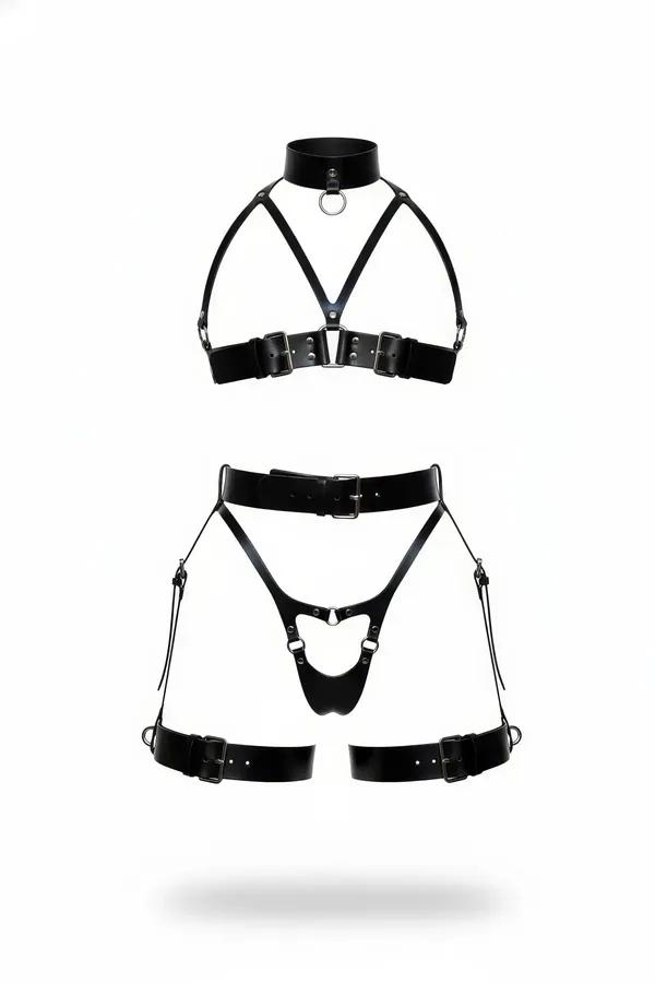 Siyah suni deri iki parça vücut harness seti - geniş çoker O-halka, kafes göğüs, kelebek bel paneli ve uyluk manşonu