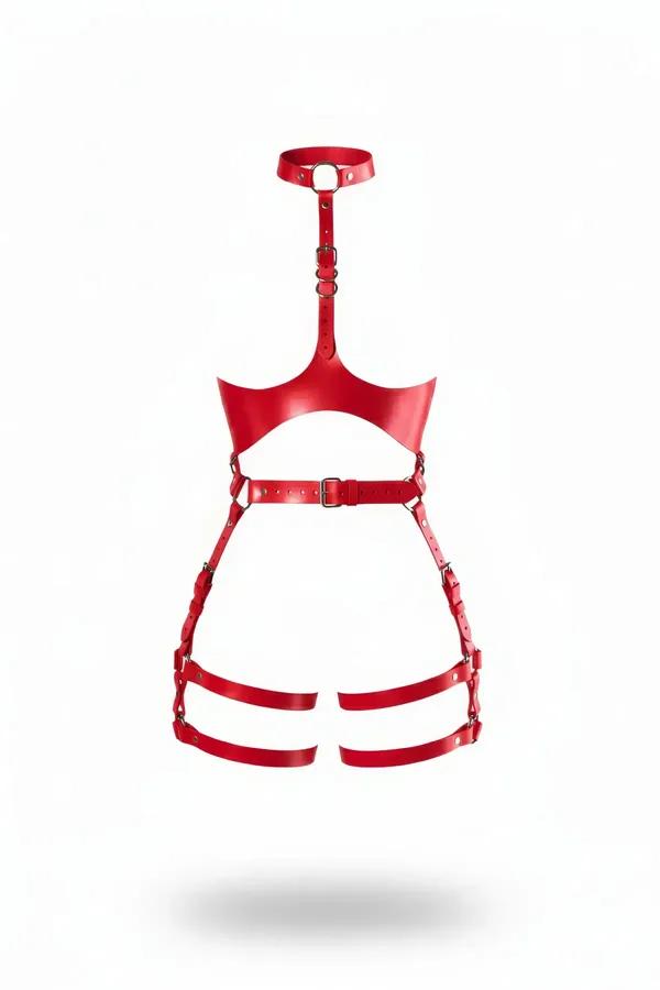 Kırmızı suni deri kafes harness - O-halkalı çoker, geniş göğüs paneli, bel kemeri ve çift uyluk bandı