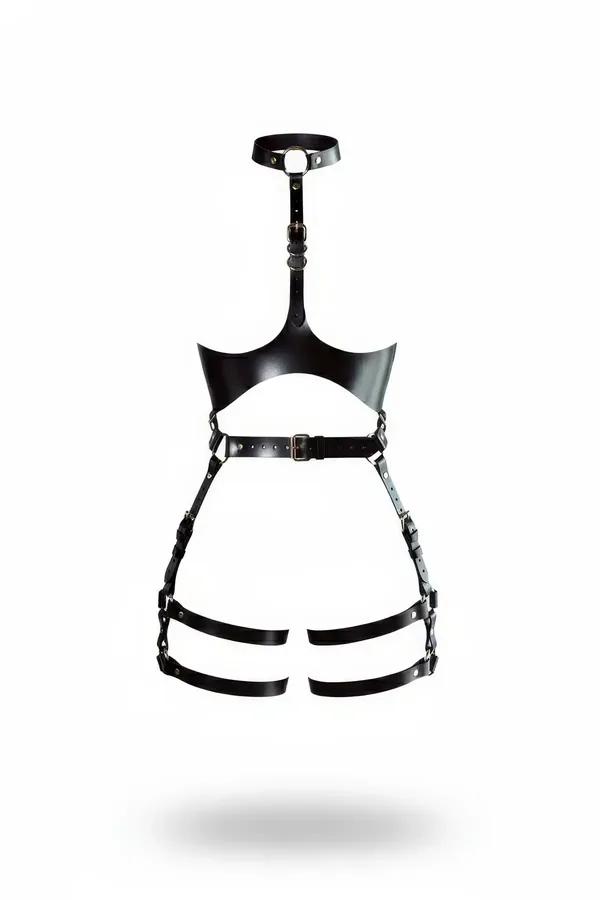 Siyah suni deri alt bant harness - halter yaka O-halka ve çift uyluk jartiyer, antik pirinç toka