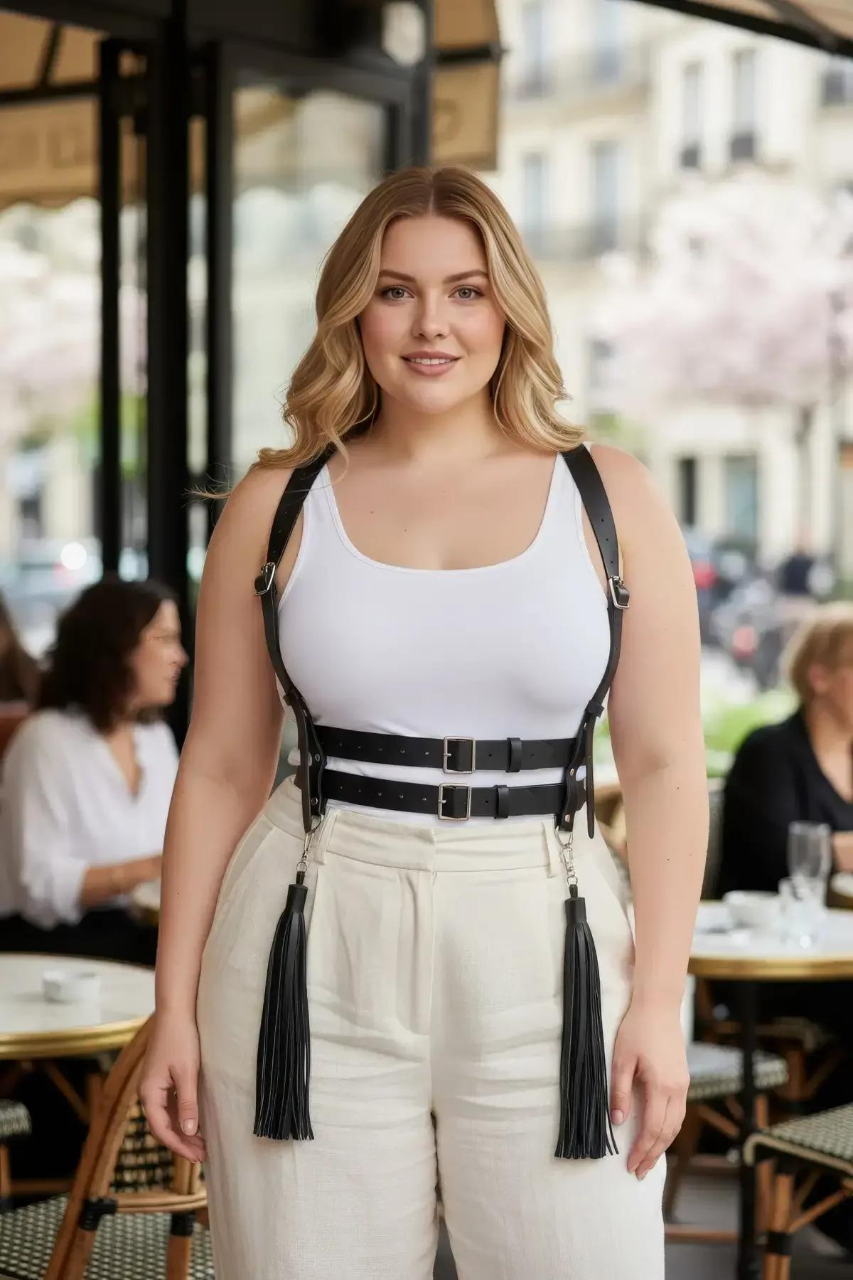 Beyaz tank üstü üzerinde çift tokalı bel askılı ve püsküllü siyah suni deri vücut harness