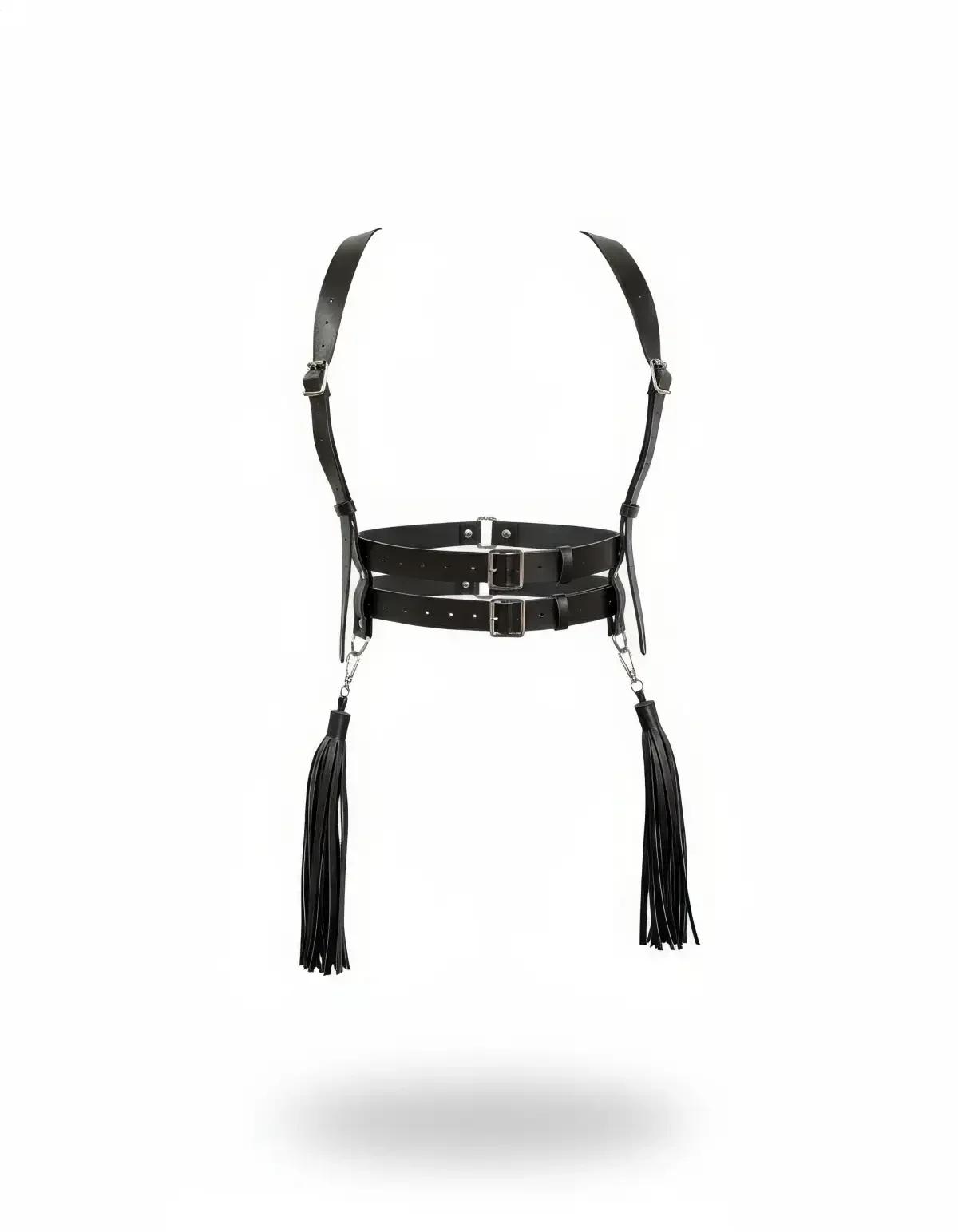 Siyah suni deri çift tokalı bel harness - çıkarılabilir püskül zincirleri gümüş kalça D-halkasından