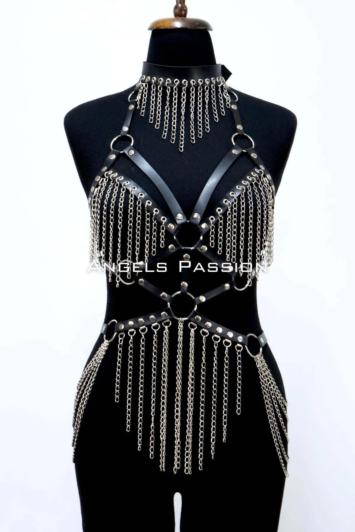 Zincirli Deri Harness, Deri Dansçı Kostüm, Choker Detaylı Deri Harness - APFT1397
