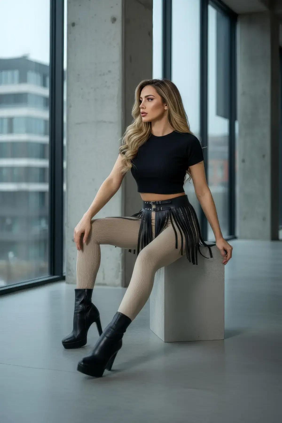 Siyah Suni Deri Püsküllü Mini Etek