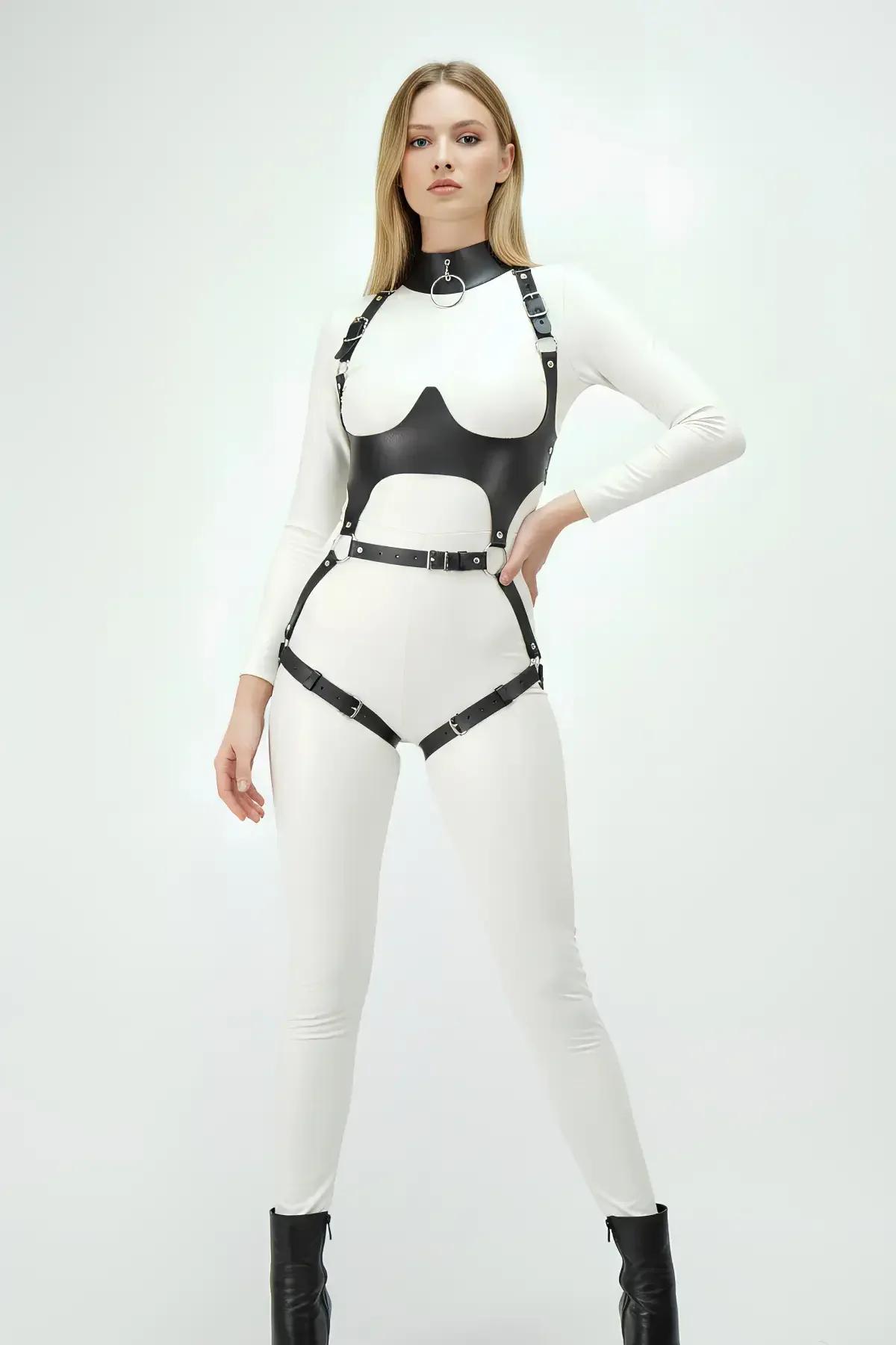 Siyah Göğüs Harness Deri Tokalı Vücut Korse - APFT1402