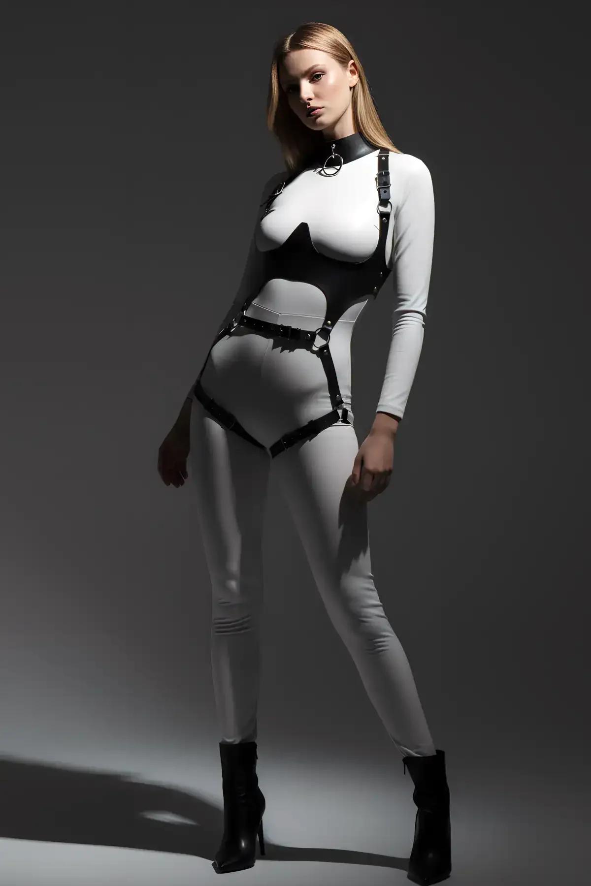 Deri Harness, Göğüs Altı Destekli Harness Takım, Deri Dansçı Kostüm - APFT1402