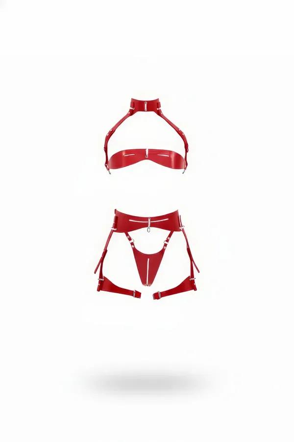 Kırmızı suni deri halter harness sütyen ve jartiyer kemer iç çamaşırı seti - gümüş D-halka ve klips toka