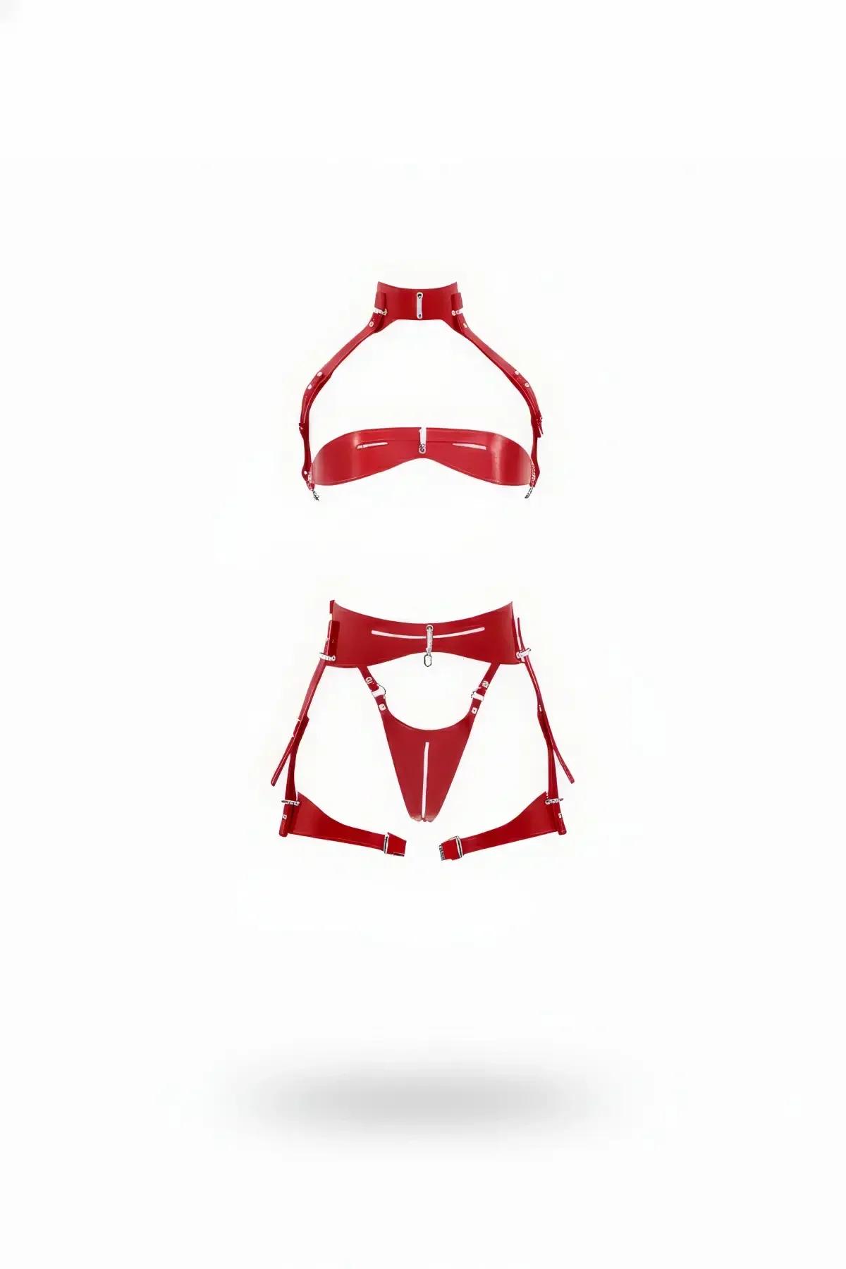 Kırmızı suni deri halter harness sütyen ve jartiyer kemer iç çamaşırı seti - gümüş D-halka ve klips toka