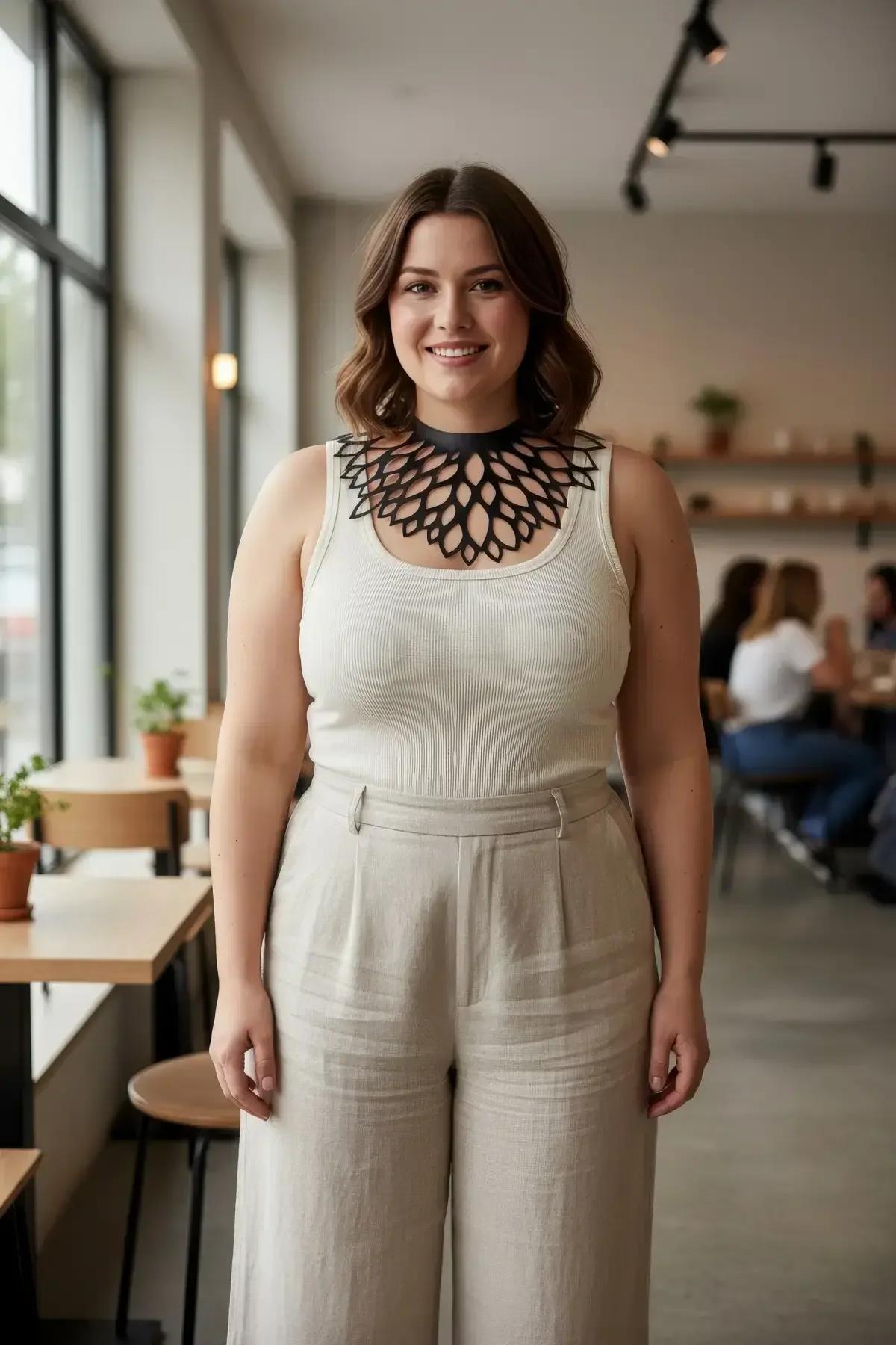 siyah vegan deri lazer kesim yaprak desenli büyük beden choker, ayarlanabilir toka kapama, geniş yaka aksesuarı
