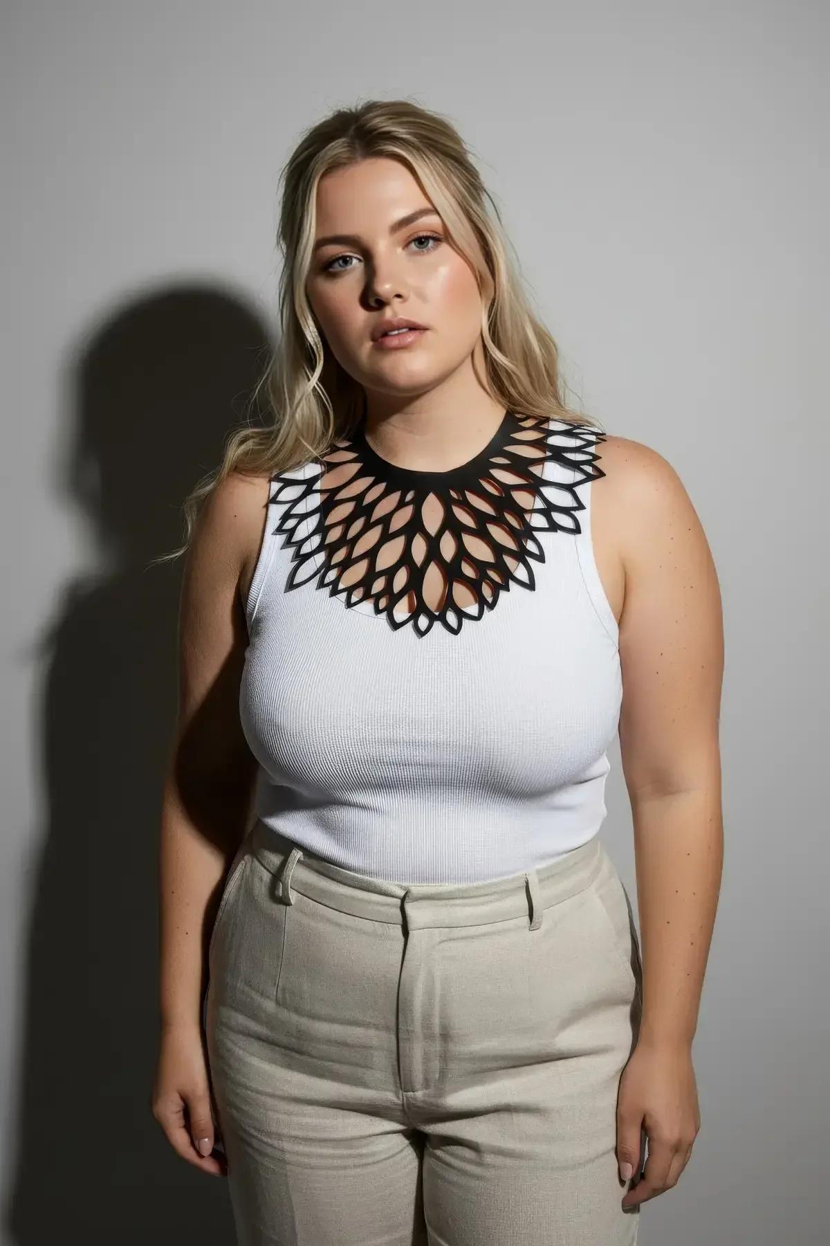 büyük beden kadın siyah yaprak desenli choker krem askılı bluz kombini