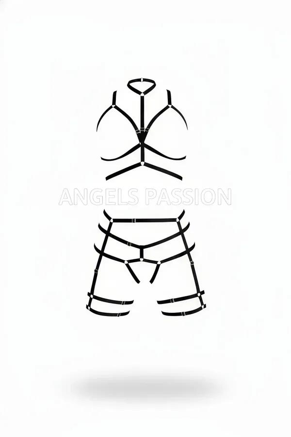 O-halka halter boyun, göğüs kafesi sütyen çerçevesi, kalça bantları ve uyluk askılarıyla siyah suni deri kafesli tam vücut harness seti