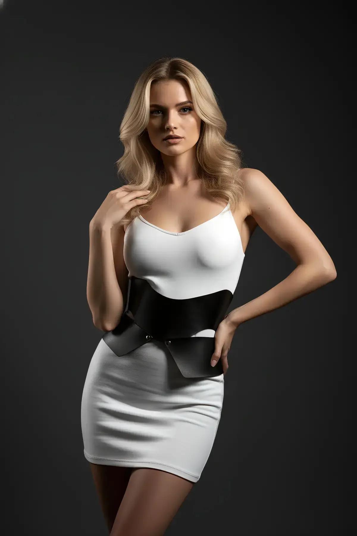 Siyah suni deri heykelsi bel korse harness - katmanlı paneller, beyaz mini elbise üzerinde