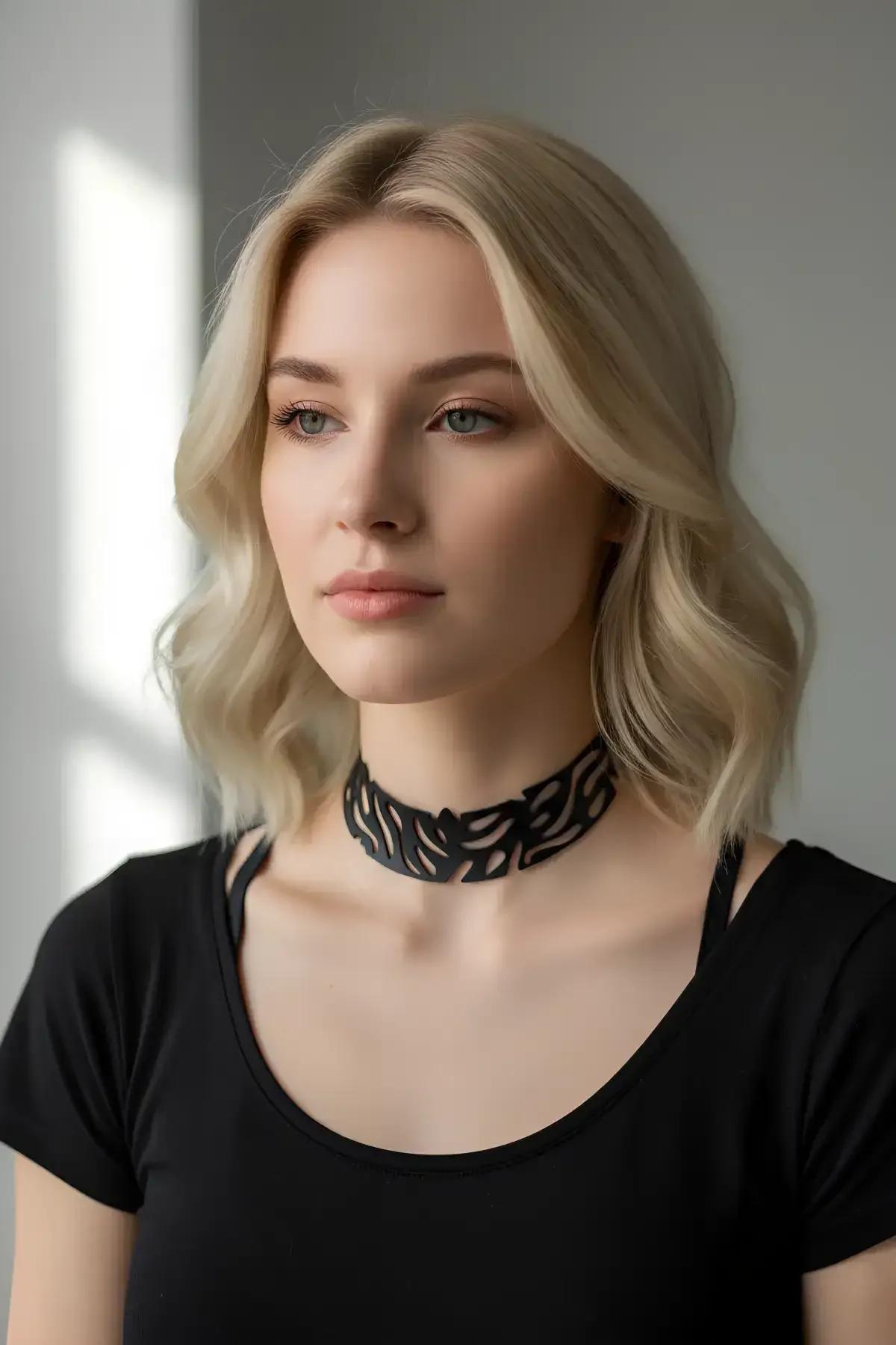 Siyah PU vegan deri choker lazer kesim botanik desen yakın plan detay