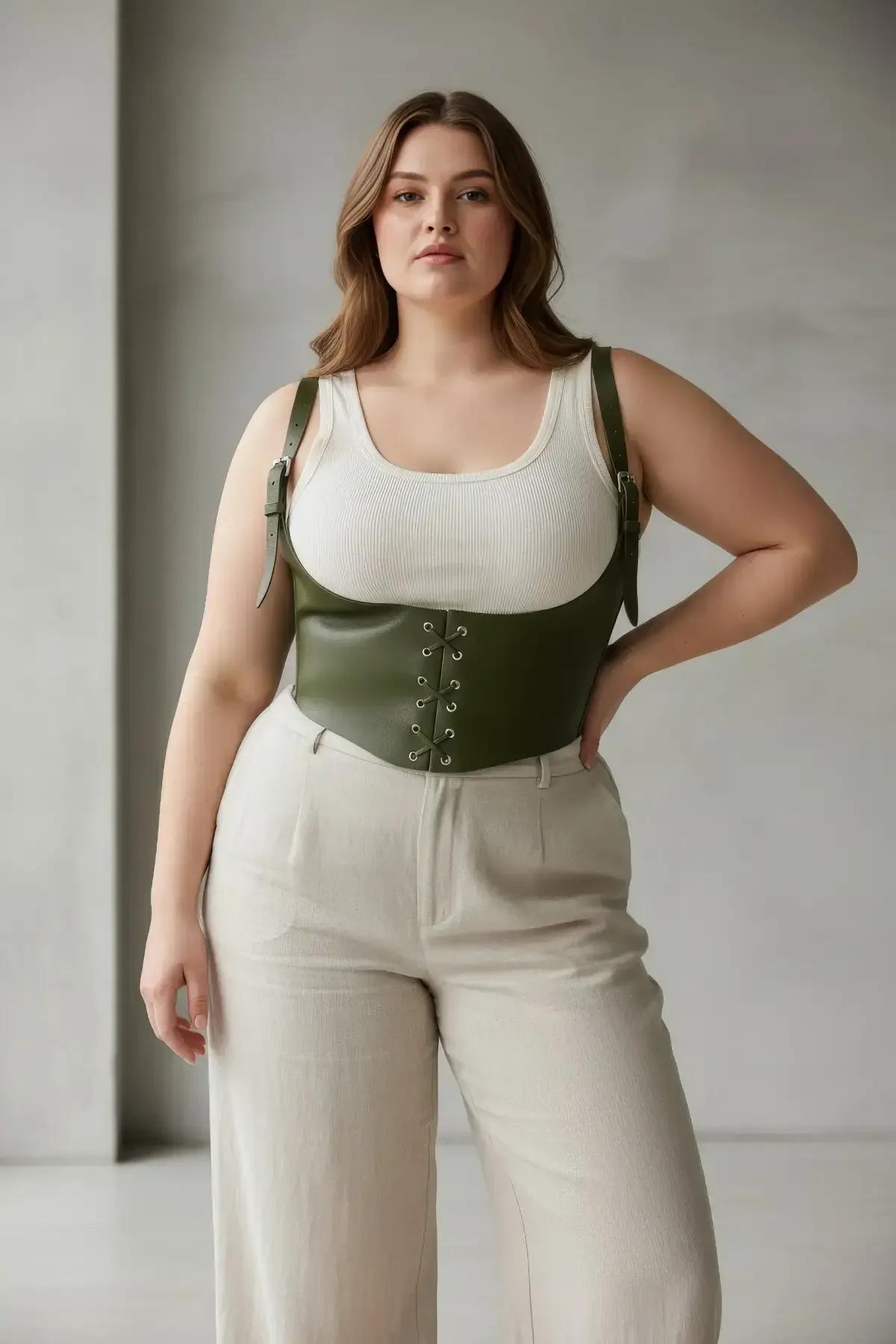 Gümüş metal delikler ve bağcık kapatma detayını gösteren zeytin yeşili PU deri korse harness ön görünüm