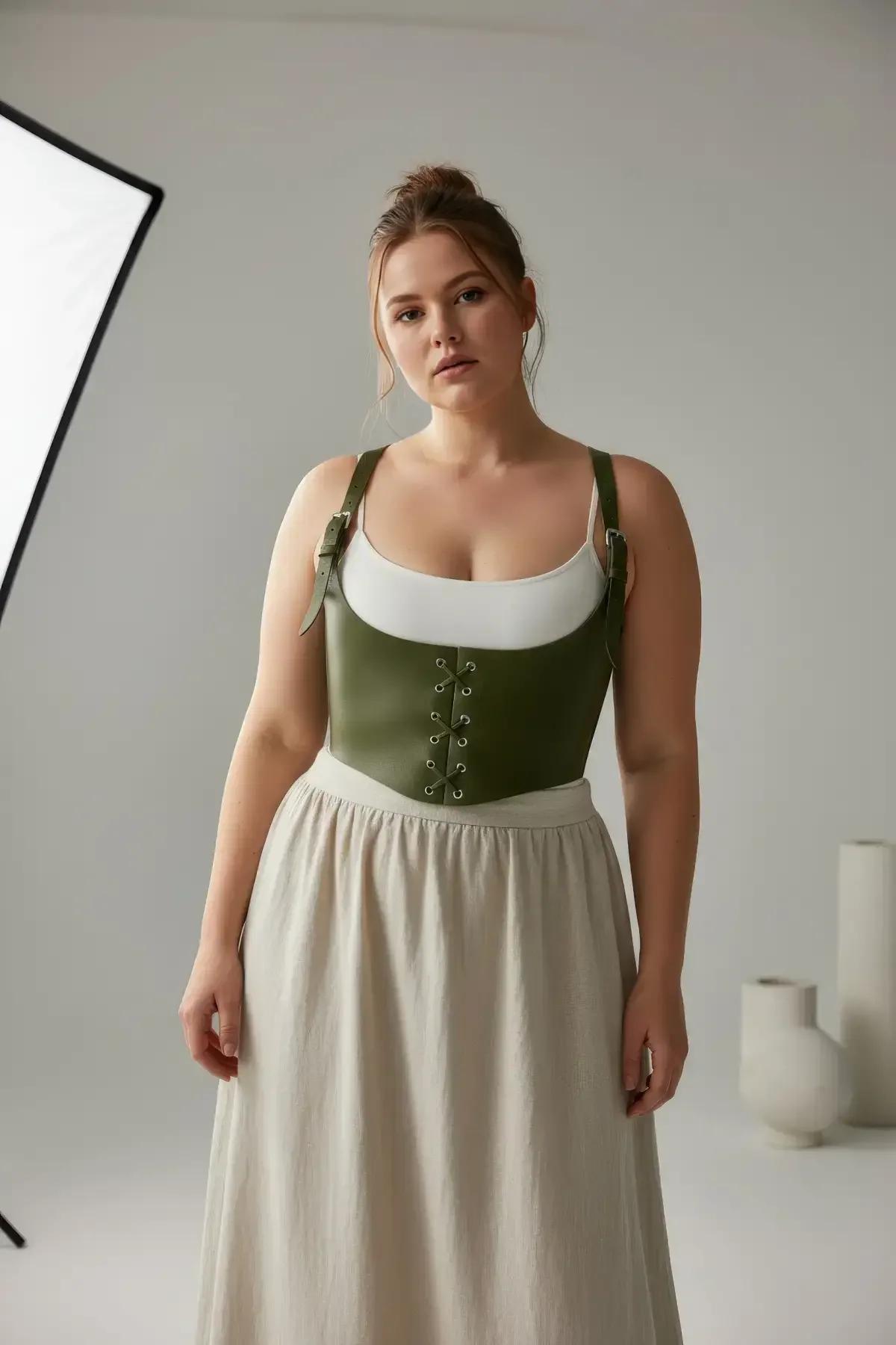 Beyaz tank üstü ve bej bol paça pantolon üzerinde katmanlı zeytin göğüs altı korse harness
