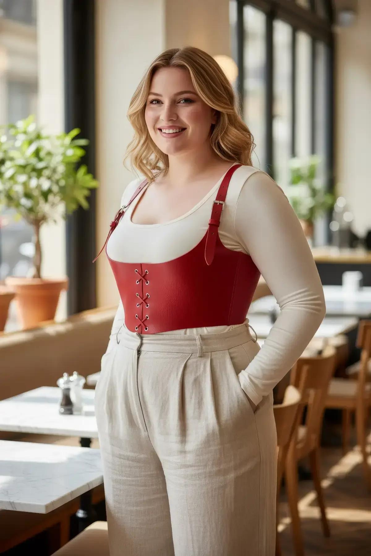 Beyaz uzun kollu üst üzerinde ön bağcık delikli ve gümüş tokalı omuz askılı kırmızı suni deri göğüs altı korse harness