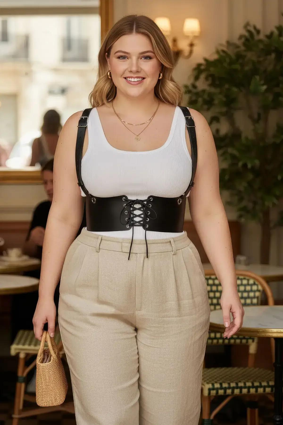 Yüksek belli pantolon üzerinde siyah bağcıklı göğüs altı korse harness tam boy görünüm