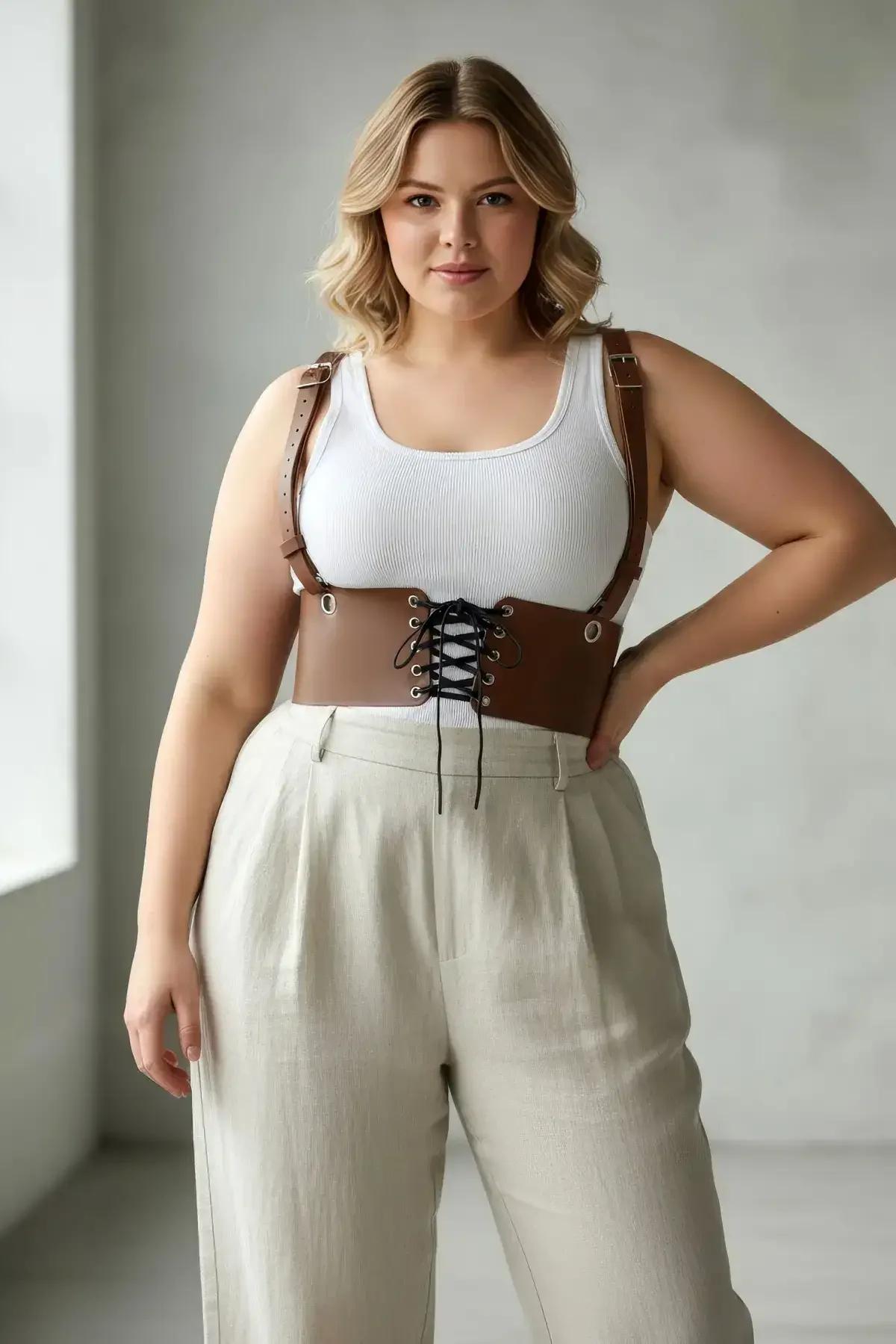 Yaklaşık 15 cm bant yüksekliğinde tam genişliği gösteren konyak göğüs altı korse harness kemeri düz çekim