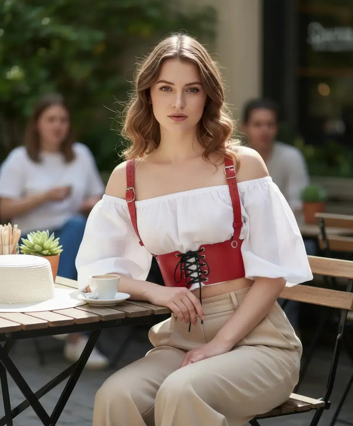 altı rondelalı siyah korse bağcığı detayı gösteren kırmızı geniş bantlı bel harness ön görünüm