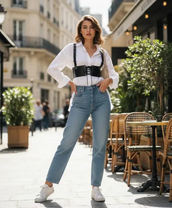 beyaz gömlek ve kot üzerinde gümüş rondelalar ve omuz askılarıyla siyah suni deri bağcıklı korse bel harness