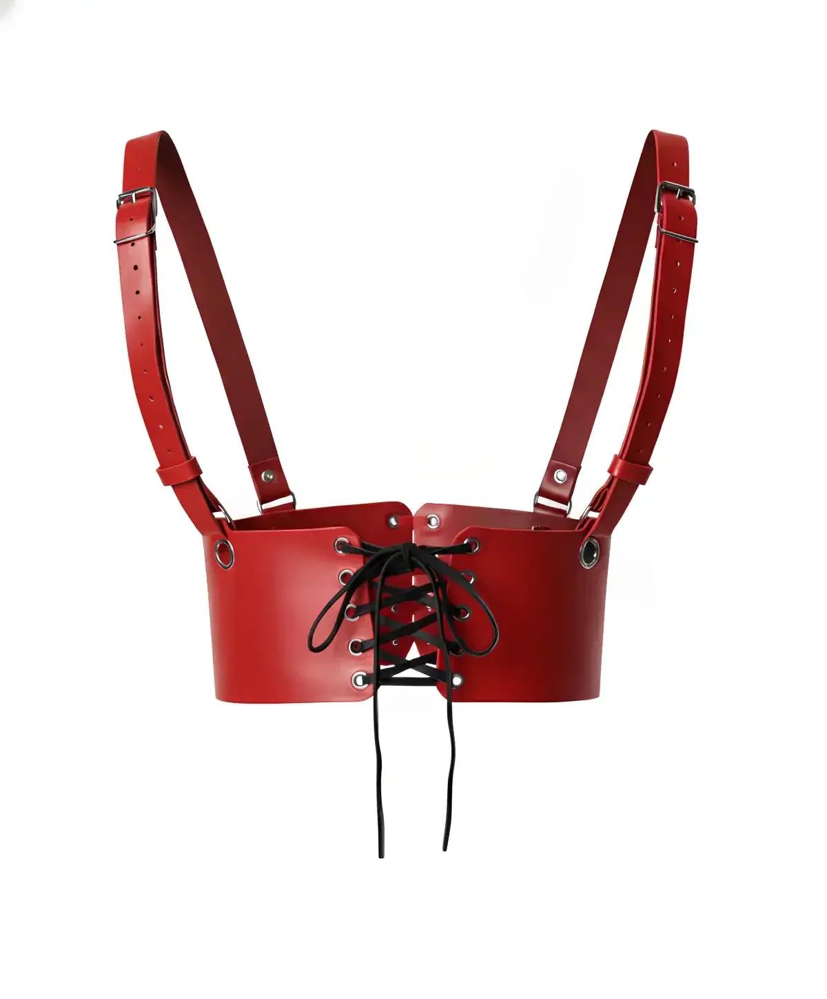 kırmızı vegan deri omuz askılı vücut harness siyah bağcıklı ön korse detayı gümüş metal grommet