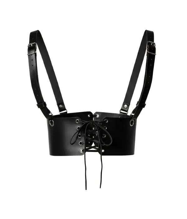 Siyah suni deri korse harness, ön bağcıklı kapama ve gümüş ton ayarlanabilir omuz askıları, underbust stil