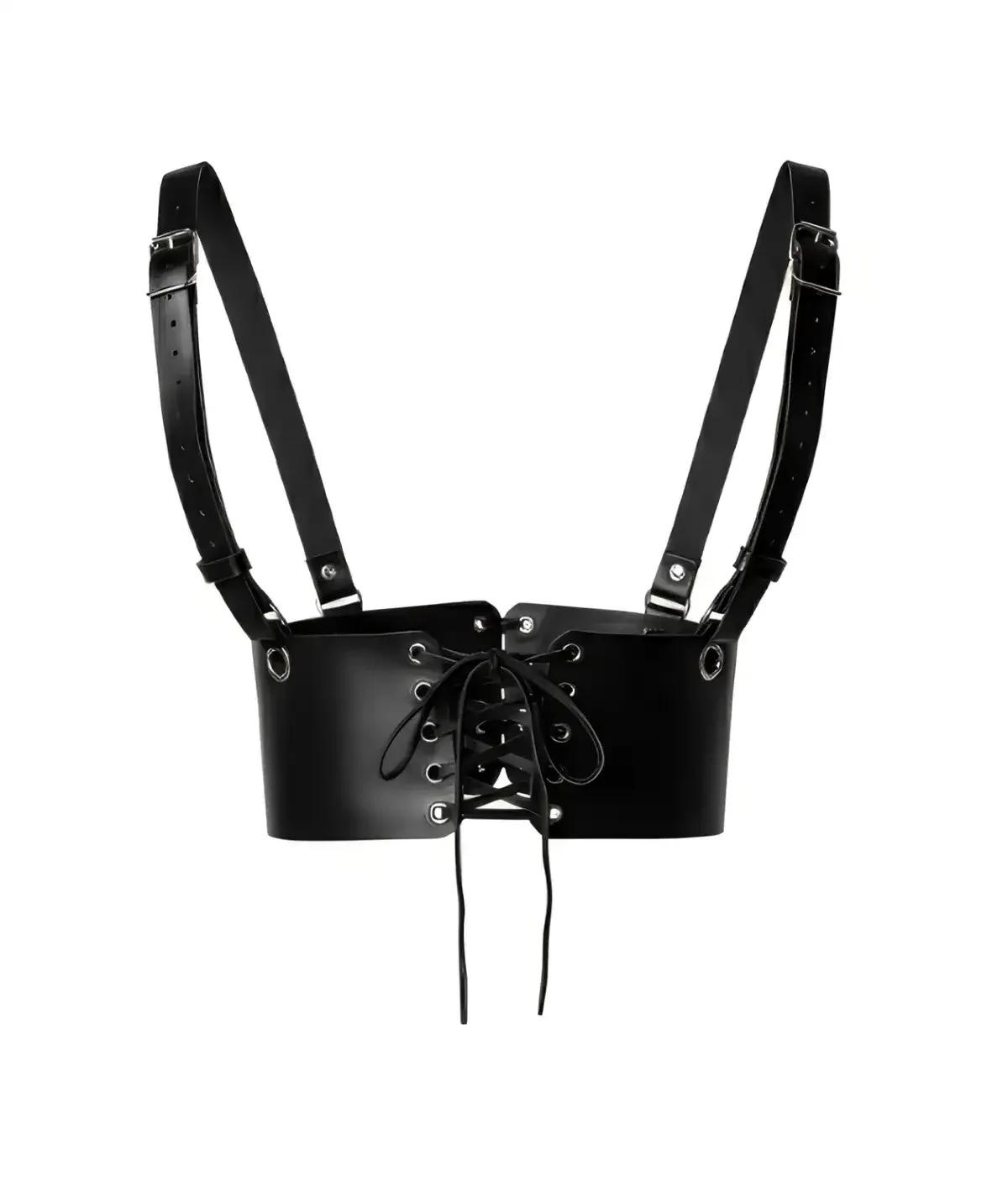 Siyah suni deri korse harness, ön bağcıklı kapama ve gümüş ton ayarlanabilir omuz askıları, underbust stil