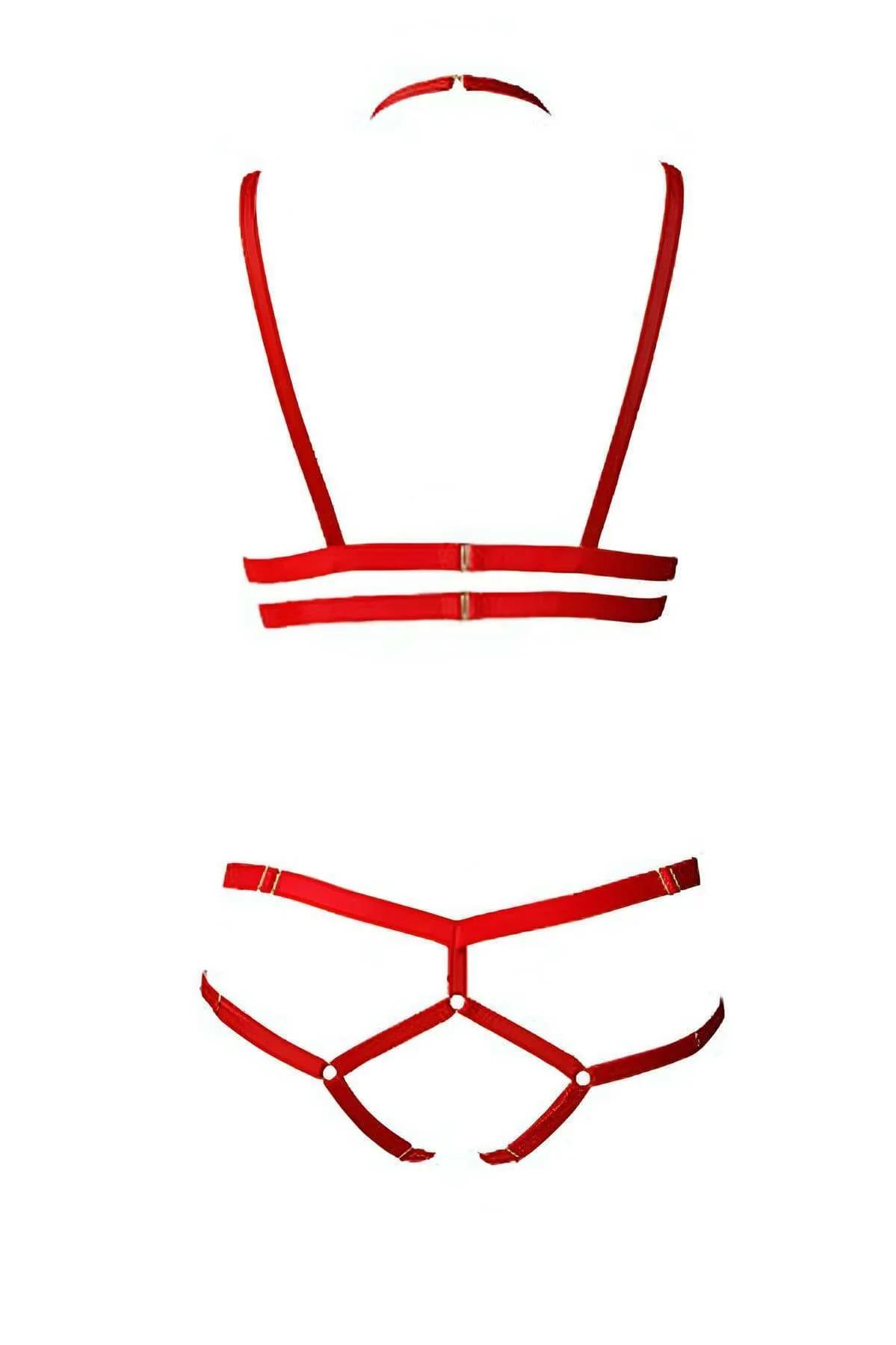 2 parça kırmızı-siyah harness seti spandex-naylon kumaş