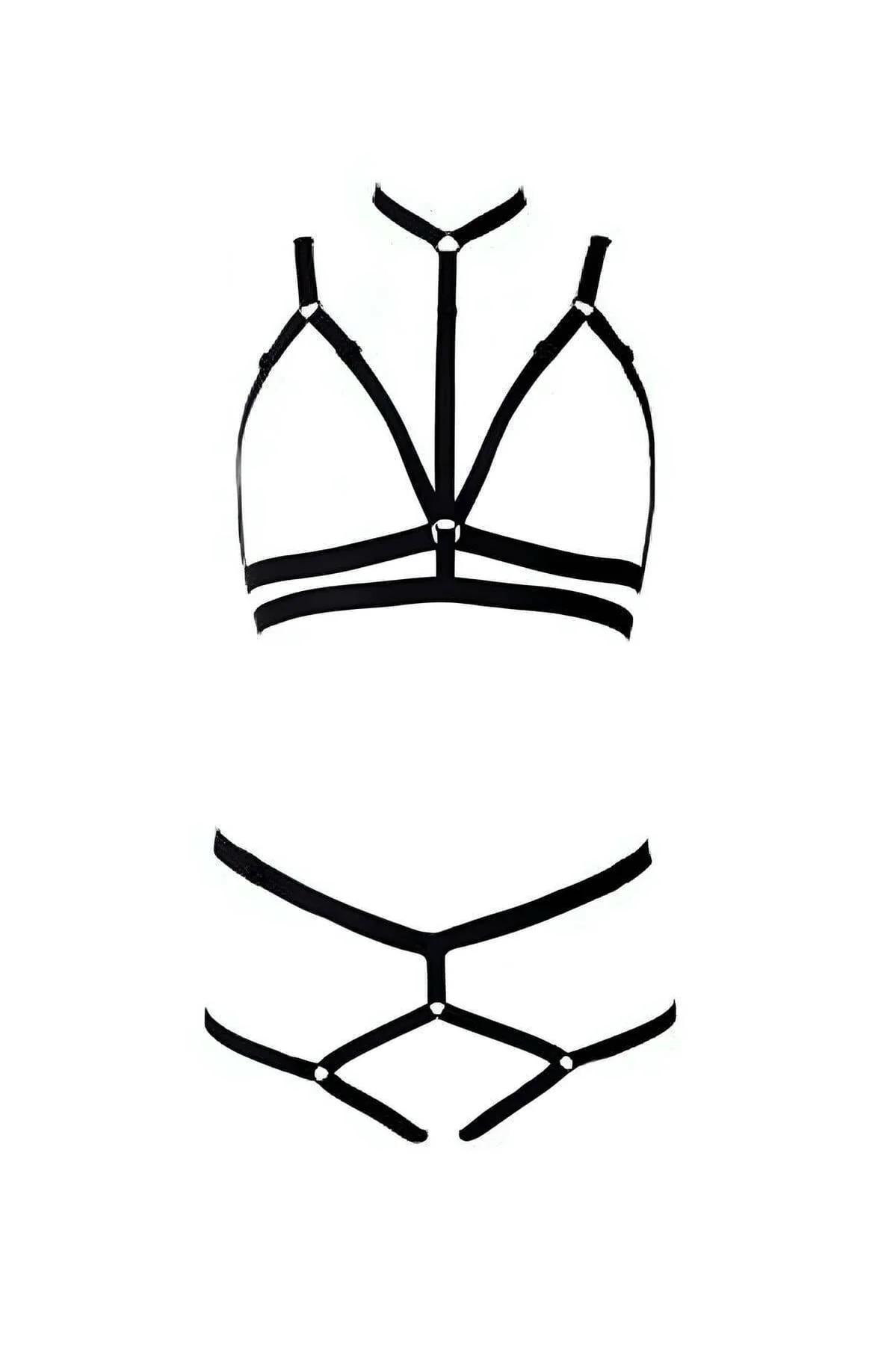 siyah elastik vücut harness'ı gövdede geometrik kafes deseni yan açı görünümü