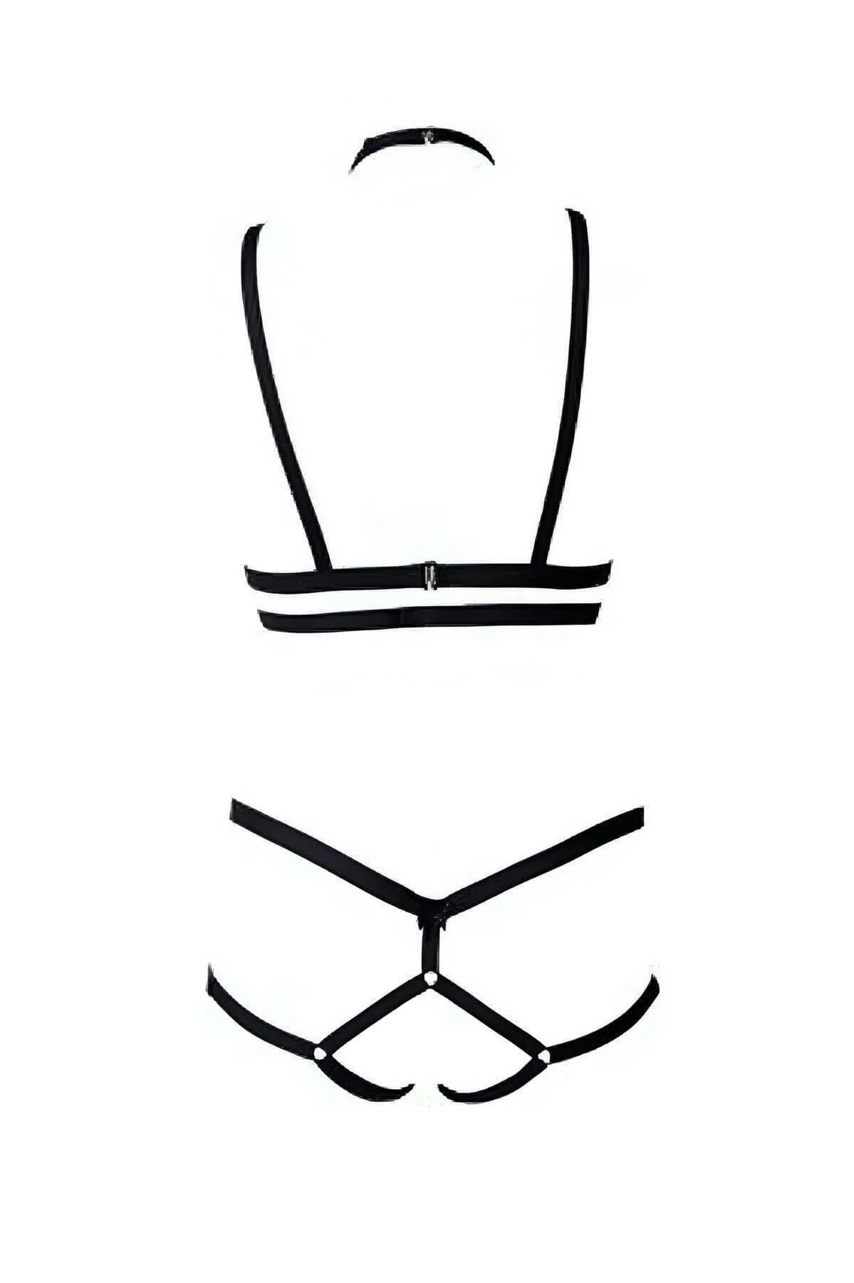 siyah kafes harness seti iki parça çoker ve kalça askısı tam boy moda stili