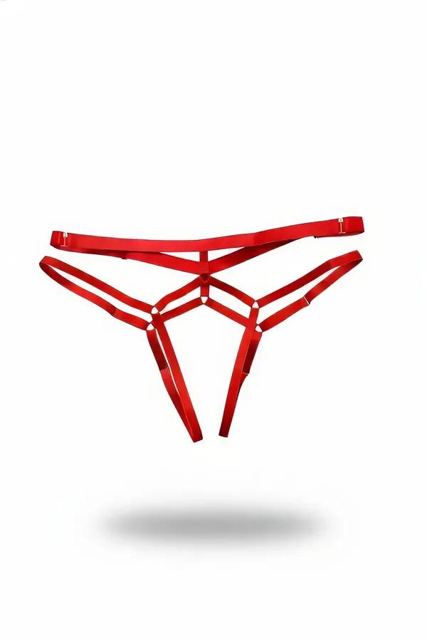 üçlü ön askılar ve altın tonlu O-halka konnektörlerle kırmızı saten elastik askı tanga harness, ayarlanabilir bel bandı