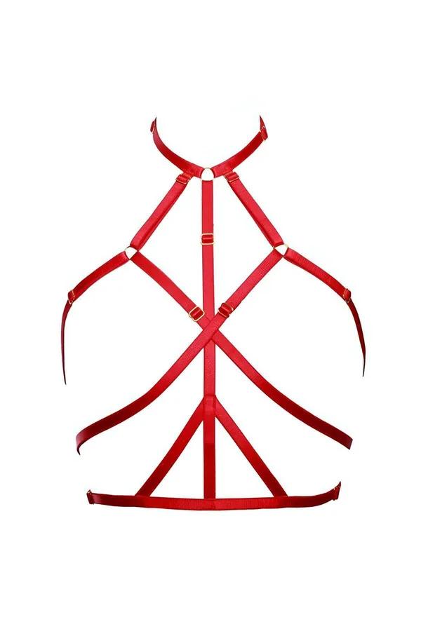 kırmızı vücut harness'ı altın O-halka çapraz askı elastik naylon halter boyun iç çamaşırı moda kadın