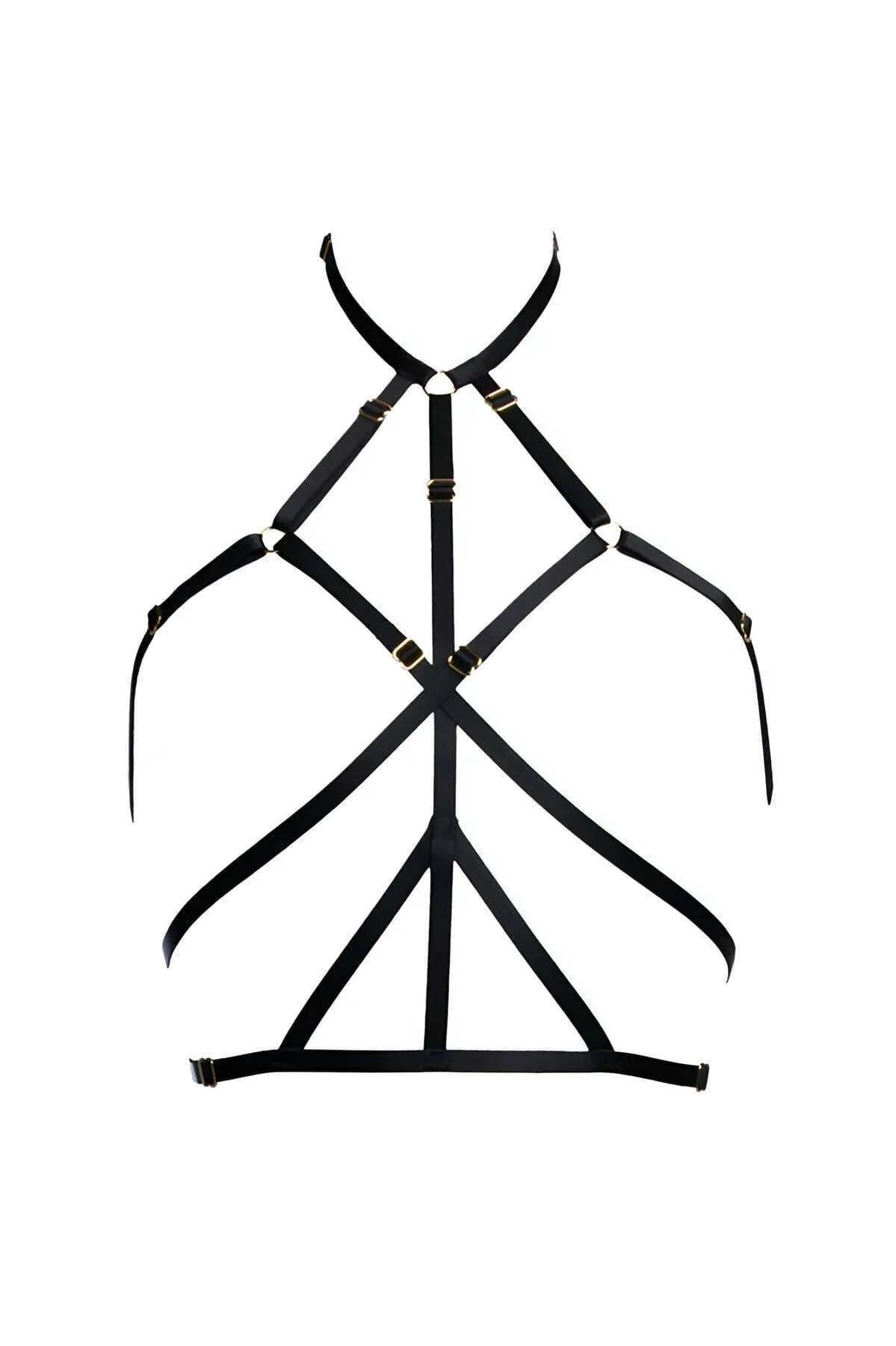 siyah kafes bralette geometrik askı botanik çiçek nakışlı file kaplar altın toka önden görünüm