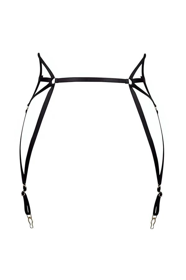 Siyah elastik lastik jartiyer harness geometrik çapraz strap ve altın kaplama metal klipsler