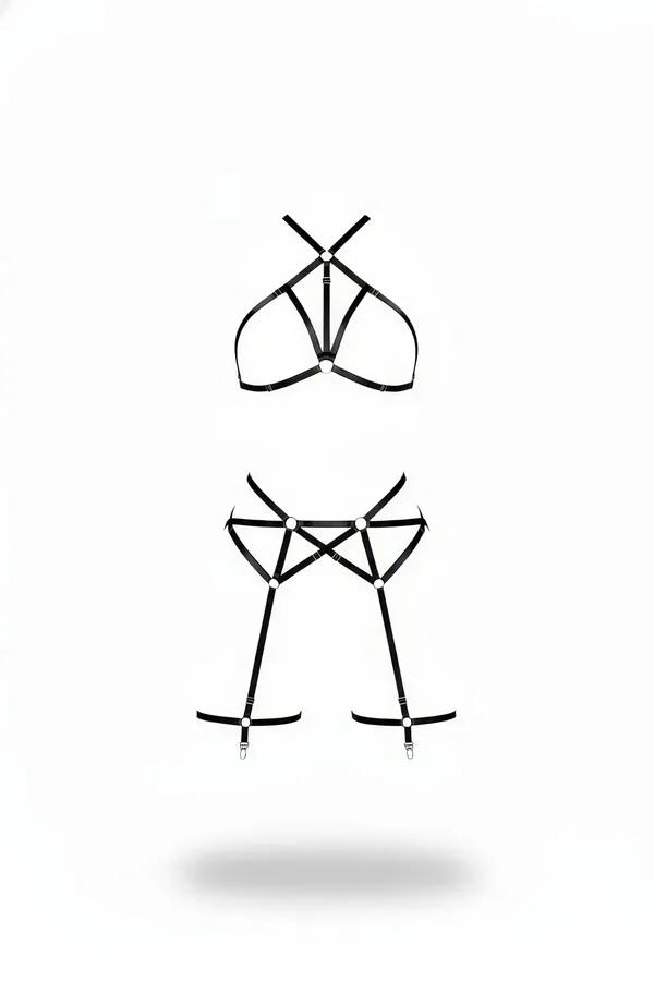 gümüş O-halkalı siyah suni deri kafesli halter boyun harness üst ve geometrik uyluk harness seti düz serim