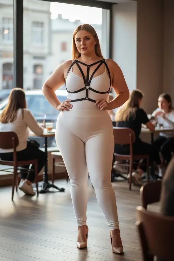 Beyaz crop top üzerine giyilen gümüş O-halkalı ayarlanabilir siyah suni deri kafes harness sütyen, ön görünüm