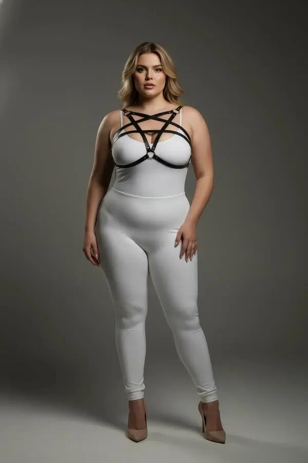 Beyaz bodysuit üzerine giyilen gümüş O-halka merkezli siyah suni deri yıldız göğüs harness, geometrik bant deseni