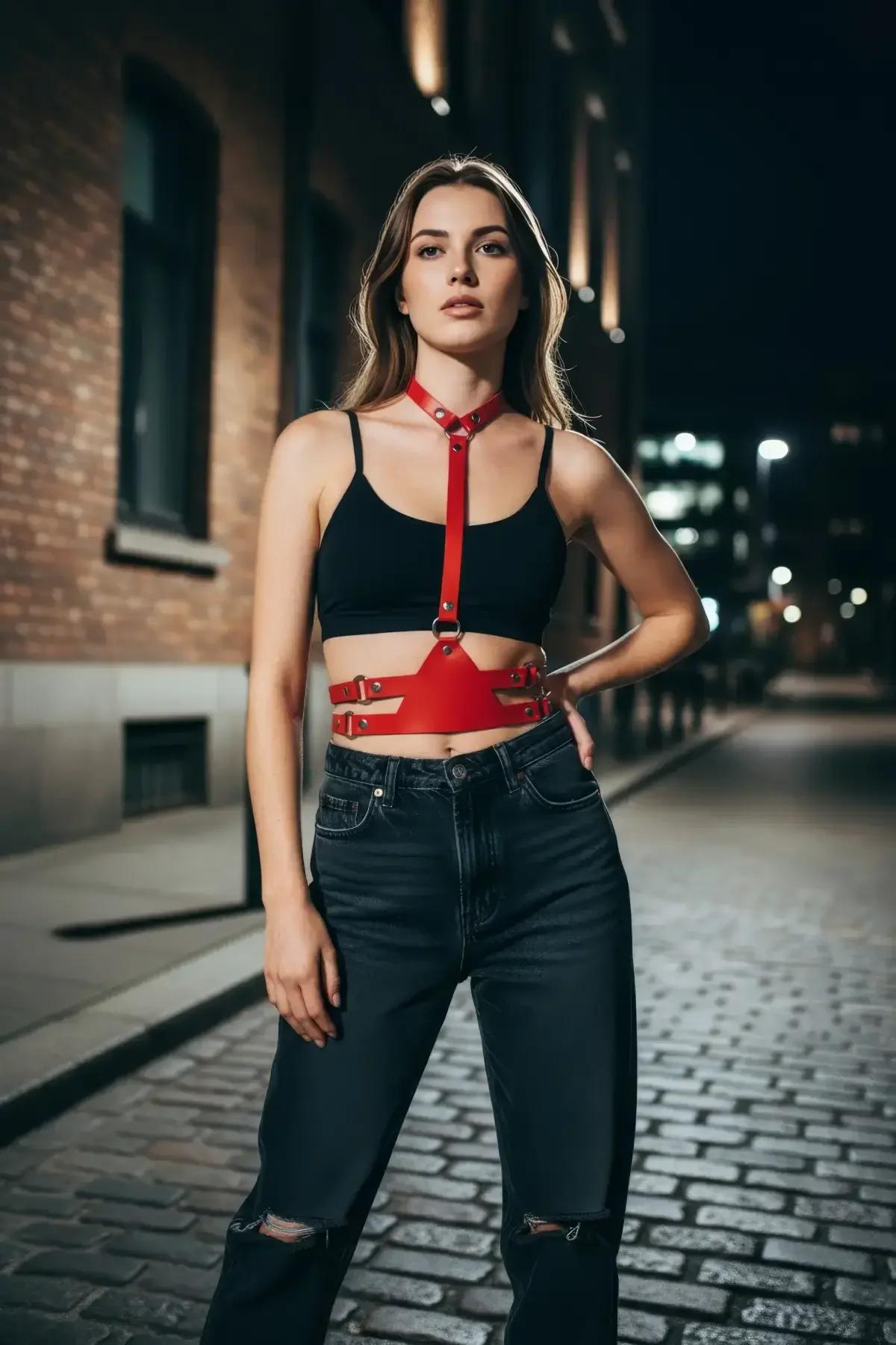 altın tonlu tokalar ve yan O-halkalarla kırmızı PU vegan deri underbust bandı yakın çekim