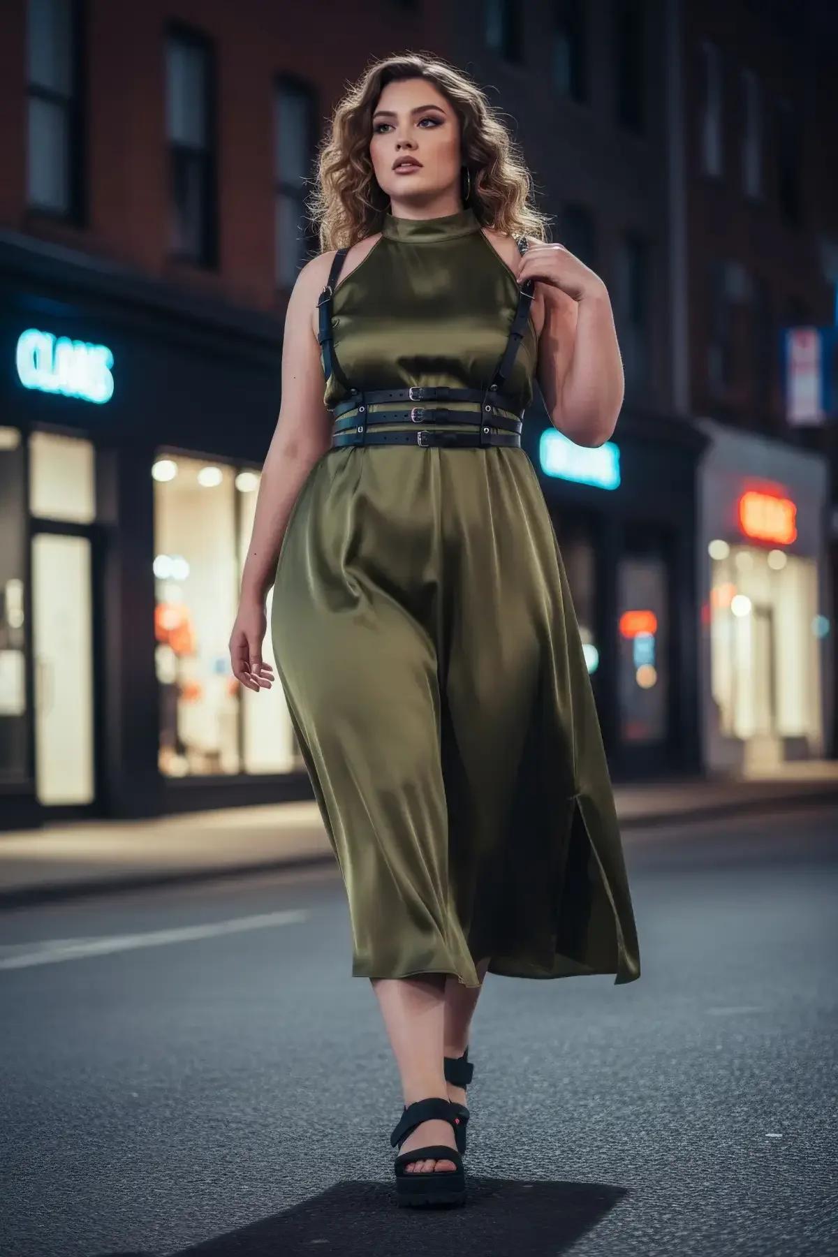 siyah vegan deri bel harressi geniş paça pantolon kombin yan profil