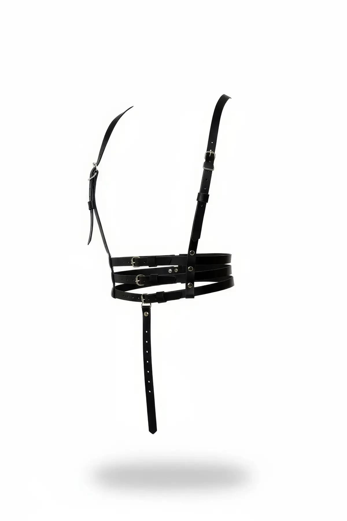 siyah vegan deri üçlü bant göğüs harness gümüş metal toka ayarlanabilir omuz askılı
